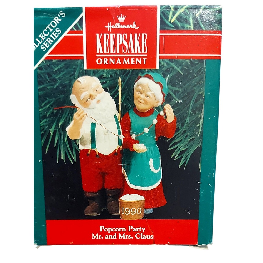 Vintage Hallmark Keepsake Ornament 1990 Popcorn Party Mr and Mrs Claus Series 5